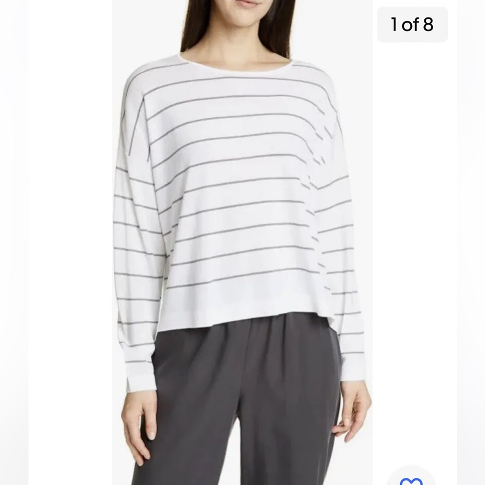 Eileen Fisher Jewel Neck Boxy Tee Size 1X Striped White Black Tencel NWT $248